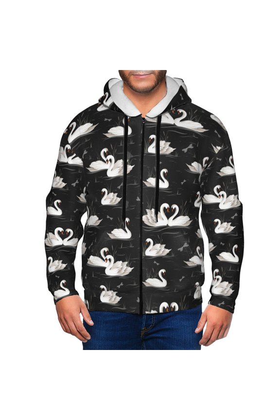 Swan And Dragonflies Print Men Hoodies Casual Hoodies for Men with Zip Pockets Full Zip Long Sleeve Sweatshirt Sports Hooded Jacket-Large