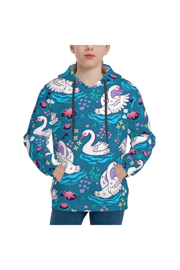 Swan On The Pond Pattern Boys Athletic Unisex Boys Girls Hoodie with Pocket Sweatshirts-Large