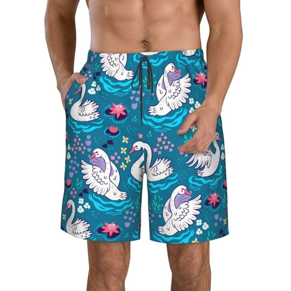 Kdxio Swan On The Pond Pattern Mens Casual Shorts - Drawstring Summer Beach Sports Shorts for Men