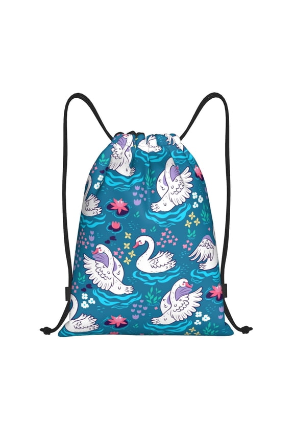Swan On The Pond Print Drawstring Backpack Bag,Waterproof Draw String Back Sack, Gym Drawstring Bags Swim Bag For Unisex