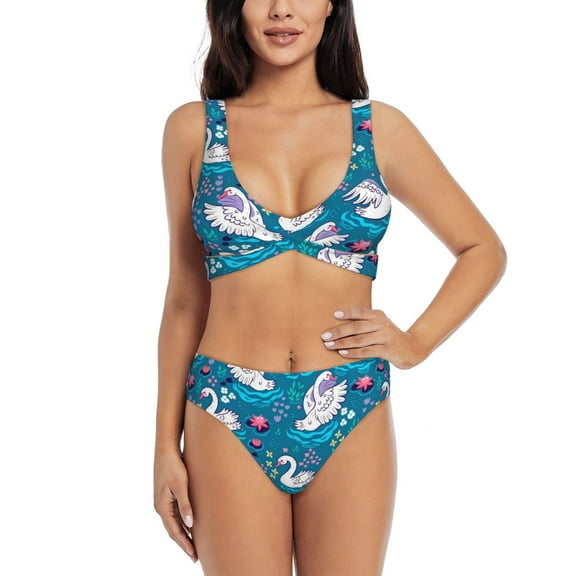 Kdxio Swan On The Pond Print Women's 2 Piece High Waisted Wrap Spaghetti Strap Summer Swimsuit Bikini Set-XX-Large