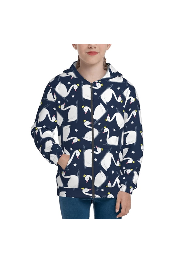 Swan Pattern Kids Boys Girls Zip Up Hoodie 3D Printed Hooded Sweatshirt Hoody Coat with Pocket 7-12 Y-Medium