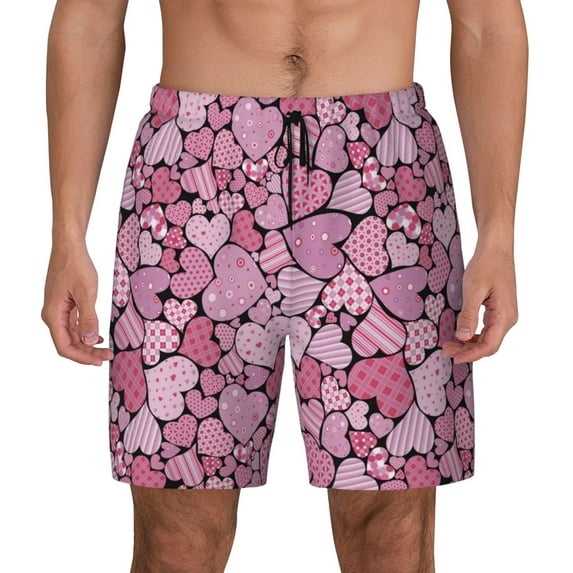 Kdxio Sweet Heart Print Men's Swim Trunks with Compression Liner 7 Inch Inseam Quick Dry Swim Shorts