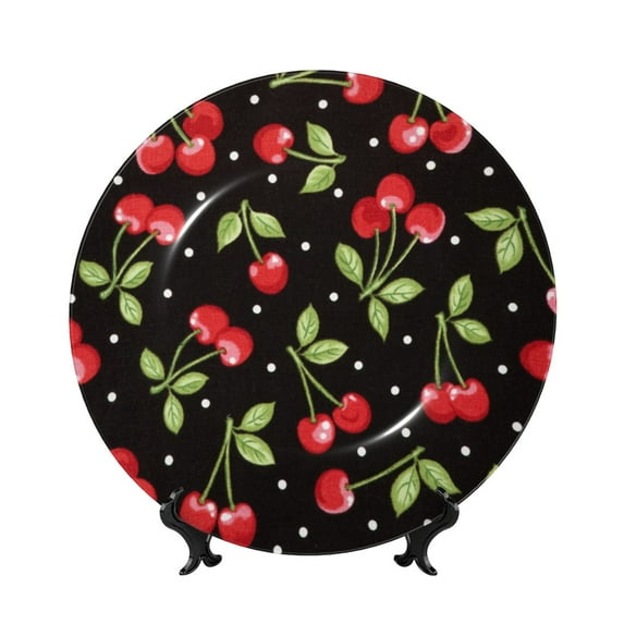 Kdxio Sweet Red Cherry Bone China Decorative Plate Ceramic Decorative Plate for Home Office Wall Stand Decorative Plates for Home Bedroom-8in