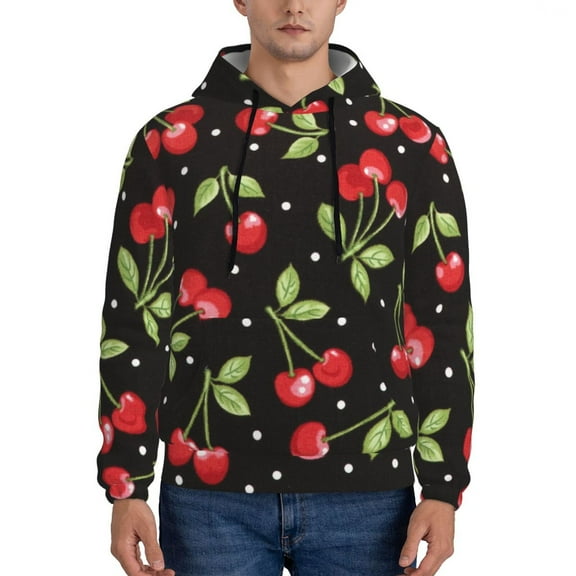 Kdxio Sweet Red Cherry Print Mens Casual Hooded Collar Drawstring Hoodies Pullover Sweatshirts Casual Long Sleeve Shirts-Large