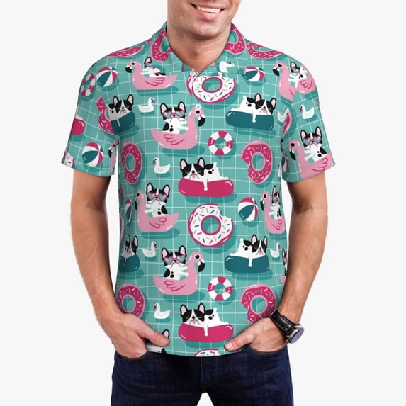 Kdxio Swimming Bulldog Print Men's Short Sleeve Polo Shirt,Midweight Men's Shirt