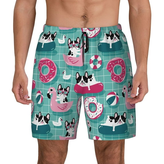Kdxio Swimming Bulldog Print Men's Swim Trunks with Compression Liner 7 Inch Inseam Quick Dry Swim Shorts