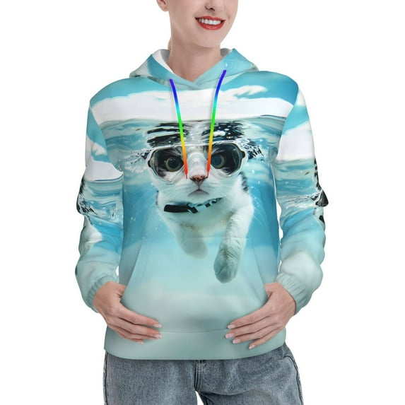 Kdxio Swimming Cat Goggles Print Womens Oversized Hoodies Sweatshirts Hooded Pullover Tops Sweaters Casual-X-Large