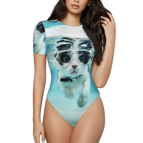 Kdxio Swimming Cat Goggles for Women's Short-Sleeved Onesie Stylish Round Neck Pajamas Bodysuit Jumpsuit Nightwear-Medium