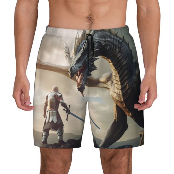 Kdxio Swordsman Cool Dragon Print Men's Swim Trunks with Compression Liner 7 Inch Inseam Quick Dry Swim Shorts