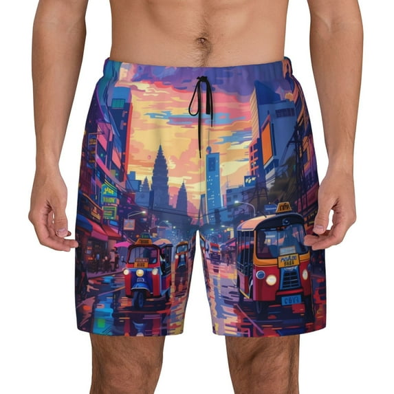 Kdxio Taxi Colorful Town Print Men's Swim Trunks with Compression Liner 7 Inch Inseam Quick Dry Swim Shorts