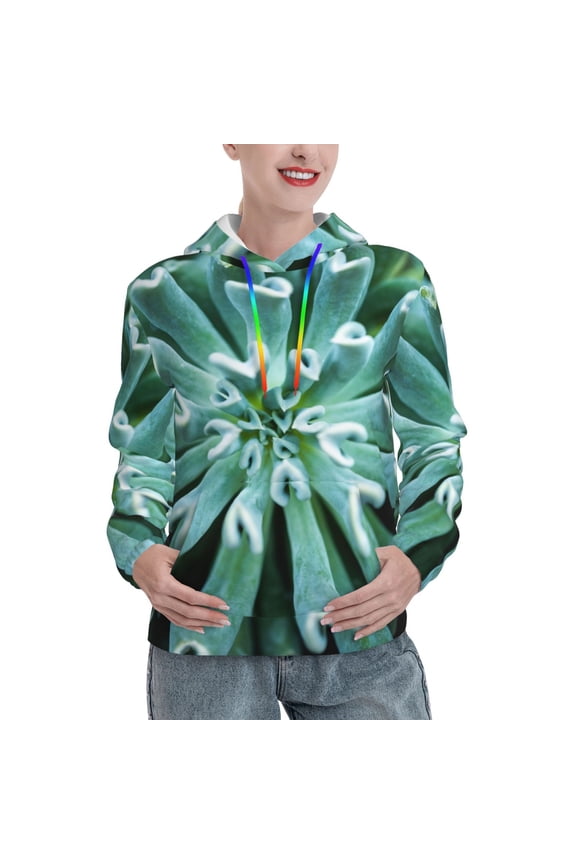 Teal Cactus Print Womens Oversized Hoodies Sweatshirts Hooded Pullover Tops Sweaters Casual-Medium