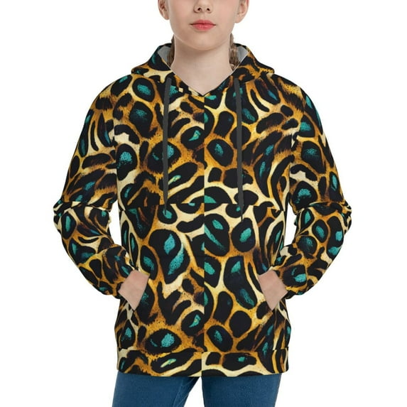 Kdxio Teal Leopard Pattern Boys Athletic Unisex Boys Girls Hoodie with Pocket Sweatshirts-Large