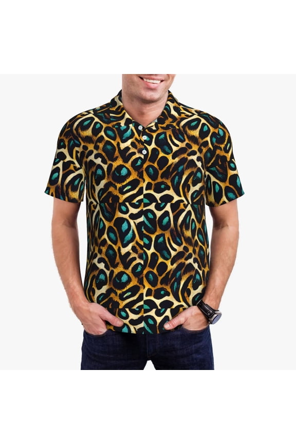 Teal Leopard Print Men's Short Sleeve Polo Shirt,Midweight Men's Shirt-Large