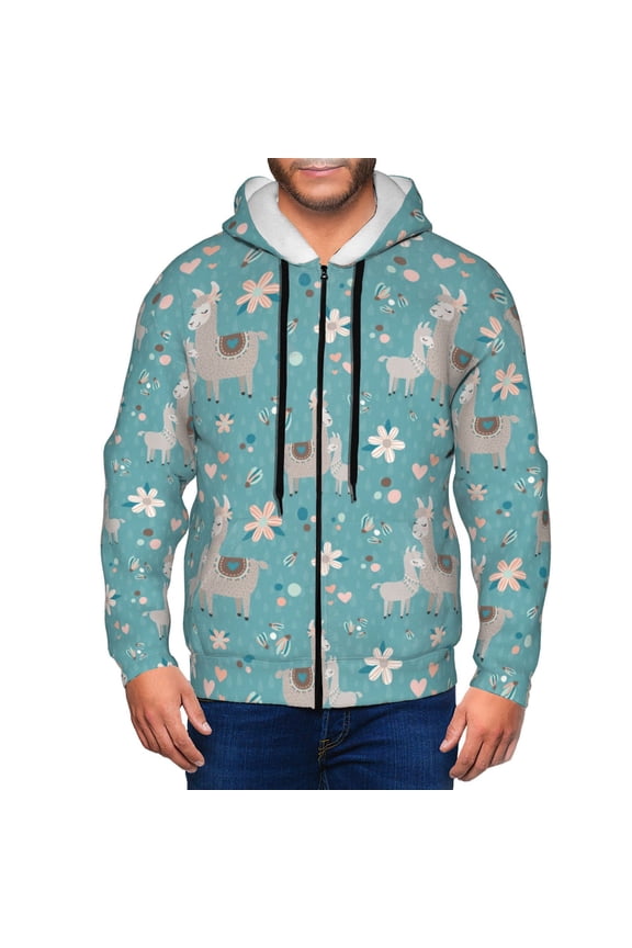Teal Mama Llama Print Men Hoodies Casual Hoodies for Men with Zip Pockets Full Zip Long Sleeve Sweatshirt Sports Hooded Jacket-Large