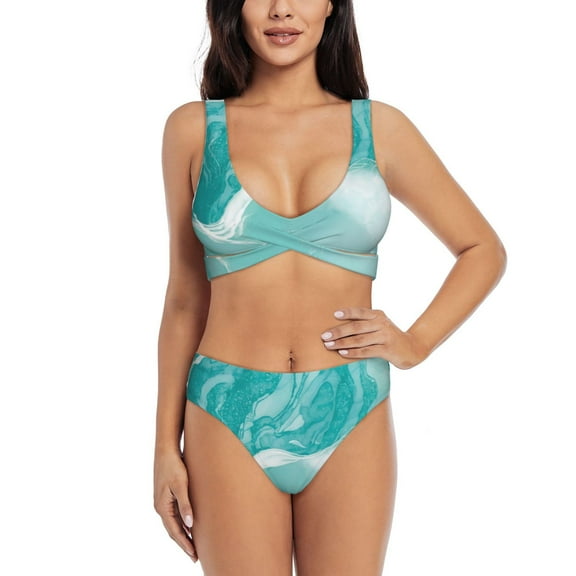 Kdxio Teal Turquoise 1 Print Women's 2 Piece High Waisted Wrap Spaghetti Strap Summer Swimsuit Bikini Set-Small