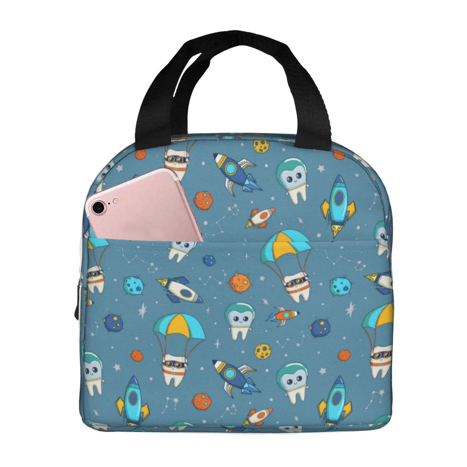 Kdxio Teeth Cosmonaut Print Insulated Lunch Bag,Reusable Tote Lunch Box