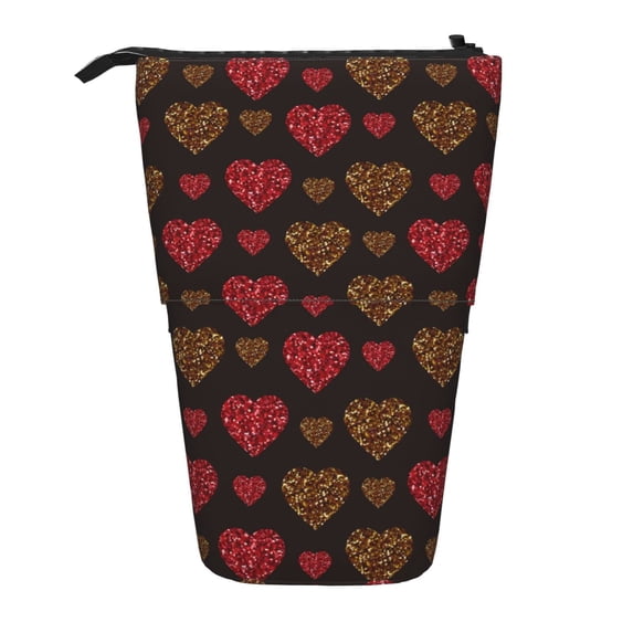 Kdxio Telescopic Pencil Bag Pen Holder Stationery Case,Stand-up Retractable Transformer Bag Organizer for Christmas Holiday(Gold Glitter Heart)