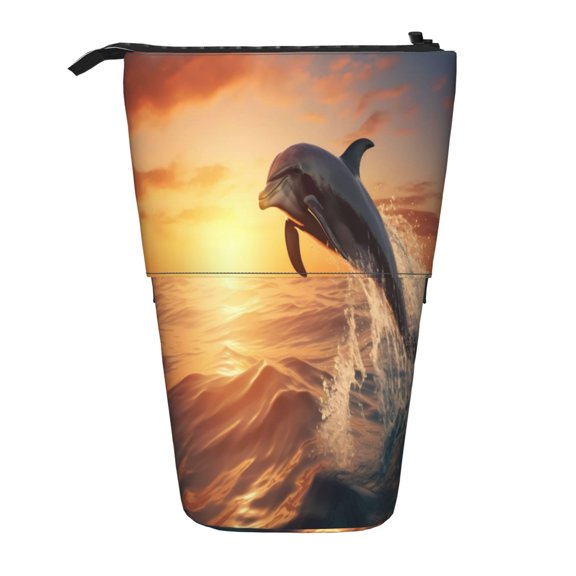 Kdxio Telescopic Pencil Bag Pen Holder Stationery Case,Stand-up Retractable Transformer Bag Organizer for Christmas Holiday(Sunset Dancing Dolphin A)