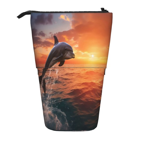 Kdxio Telescopic Pencil Bag Pen Holder Stationery Case,Stand-up Retractable Transformer Bag Organizer for Christmas Holiday(Sunset Dancing Dolphin B)