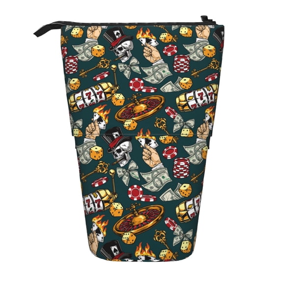 Kdxio Telescopic Pencil Bag Pen Holder Stationery Case,Stand-up Retractable Transformer Bag Organizer for Christmas Holiday(Vintage Casino Chips)