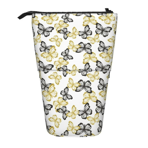Kdxio Telescopic Pencil Bag Pen Holder Stationery Case,Stand-up Retractable Transformer Bag Organizer for Christmas Holiday(Golden Glitter Butterflies)