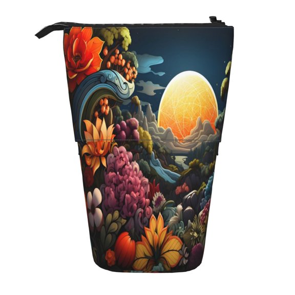 Kdxio Telescopic Pencil Bag Pen Holder Stationery Case,Stand-up Retractable Transformer Bag Organizer for Christmas Holiday(Sunset Floral Fantasy Landscape)