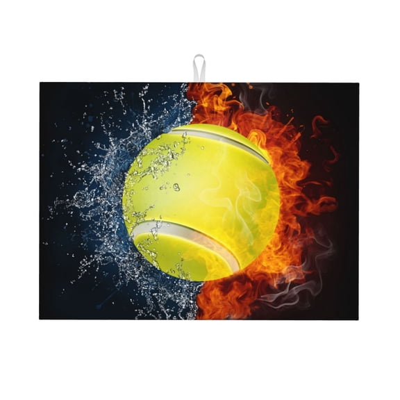 Kdxio Tennis Ball In Fire And Water for Dish Drying Mat,24*18 inch Absorbent Dish Drainer Kitchen Counter,Large Size Dish Drying Pad for Countertops,Draining Racks