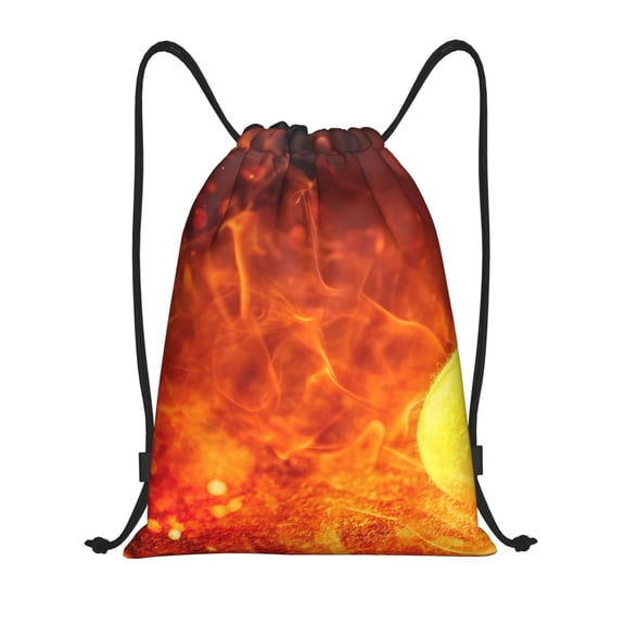 Kdxio Tennis Ball In Fire Print Drawstring Backpack Bag,Waterproof Draw String Back Sack, Gym Drawstring Bags Swim Bag For Unisex