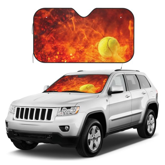 Kdxio Tennis Ball In Fire Print Windshield Sun Shade, Foldable Sun Blocker for Car,Truck,SUV Automotive Interior Sun Protection,Reflective Shade for Front Windshield(Small)