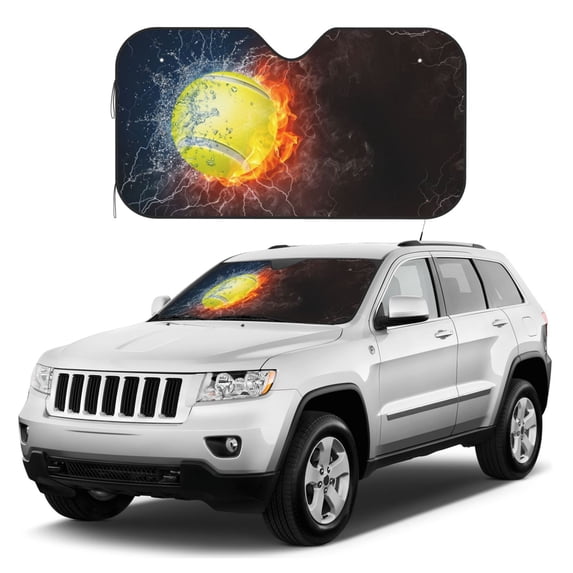 Kdxio Tennis Ball On Fire And Water Print Windshield Sun Shade, Foldable Sun Blocker for Car,Truck,SUV Automotive Interior Sun Protection,Reflective Shade for Front Windshield(Medium)