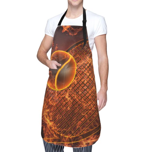 Kdxio Tennis Racket In Fire Apron with Pockets Adjustable Kitchen Aprons for Men Women Waterproof Aprons for Cooking,Drawing,Crafting, Baking Household Cleaning