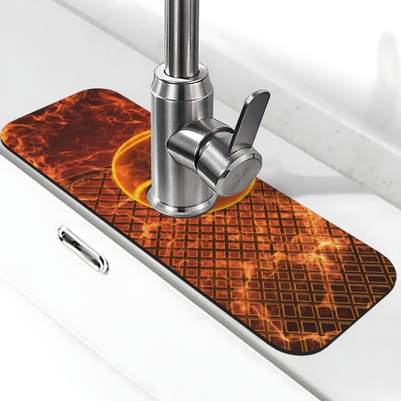 Kdxio Tennis Racket In Fire Pattern Non-Slip Diatom Mud Faucet Drain Pad,Self Absorbent Mat for Kitchen Sink for Variety Kitchen & Bathroom Countertops