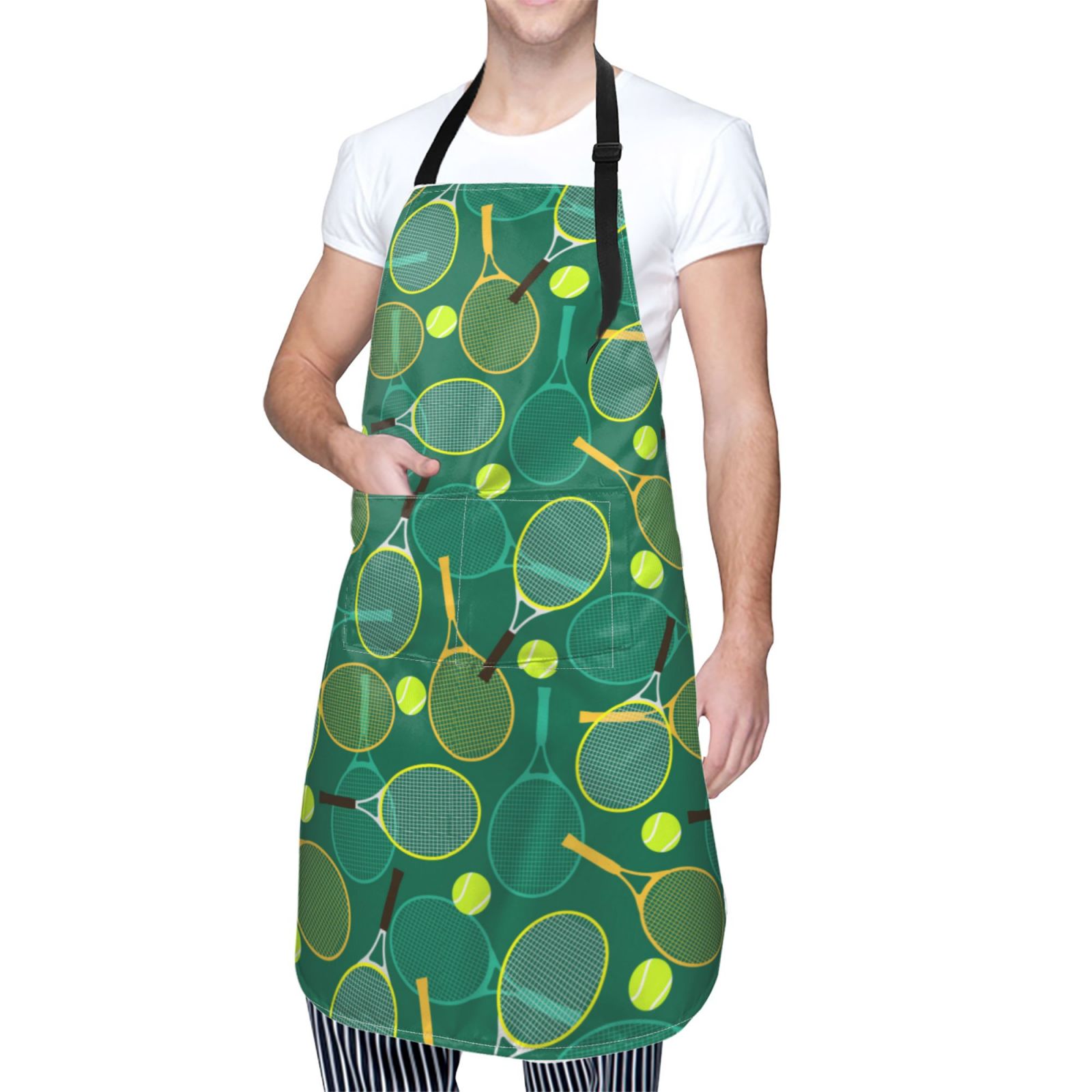 Kdxio Tennis Rackets and Balls Apron with Pockets Adjustable Kitchen Aprons for Men Women Waterproof Aprons for Cooking,Drawing,Crafting, Baking Household Cleaning