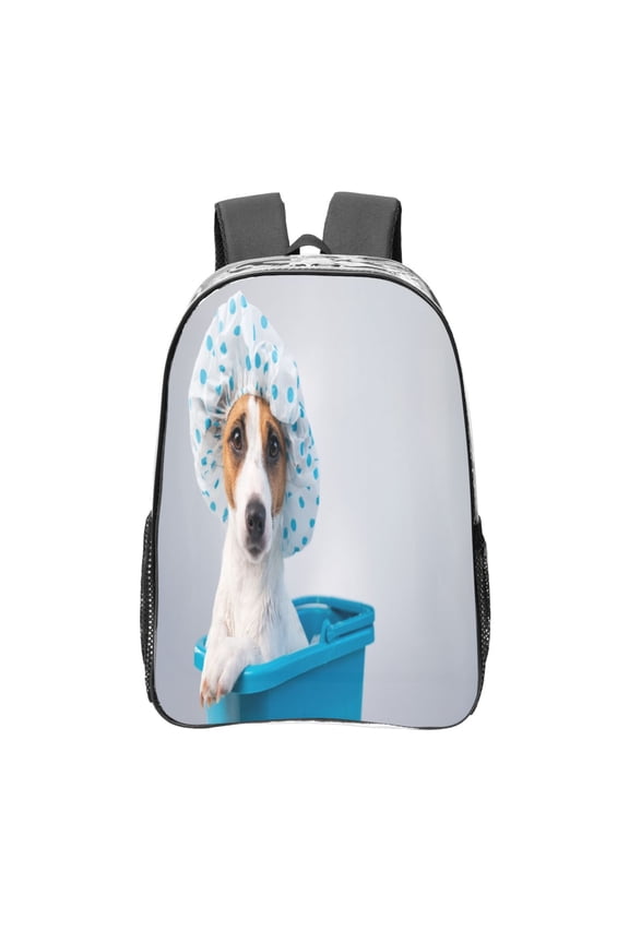 Terrier Takes A Bath With Shower Cap Clear Backpack, Transparent Bookbag for School for Women Men, Capacity Clear Bag for College, Travel