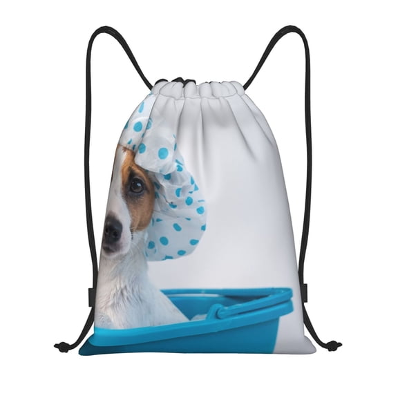 Kdxio Terrier Takes A Bath With Shower Cap Print Drawstring Backpack Bag,Waterproof Draw String Back Sack, Gym Drawstring Bags Swim Bag For Unisex
