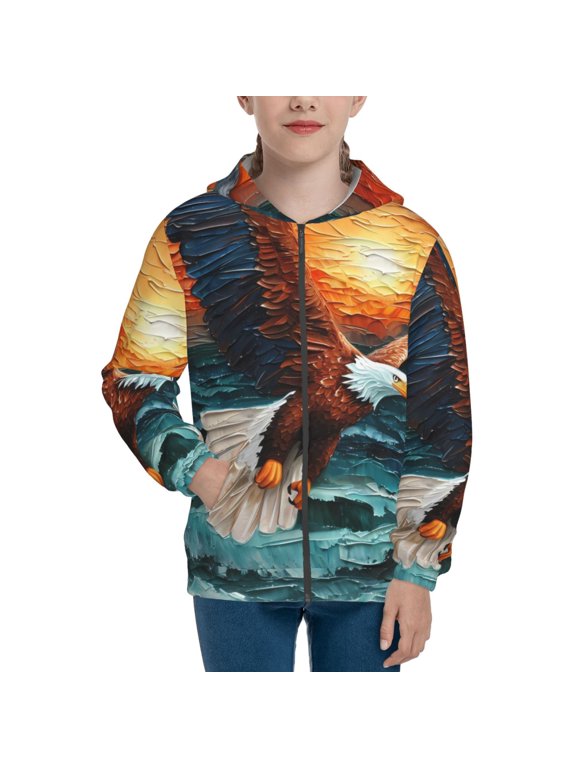 Textured Bald Eagle Pattern Kids Boys Girls Zip Up Hoodie 3D Printed Hooded Sweatshirt Hoody Coat with Pocket 7-12 Y-Medium