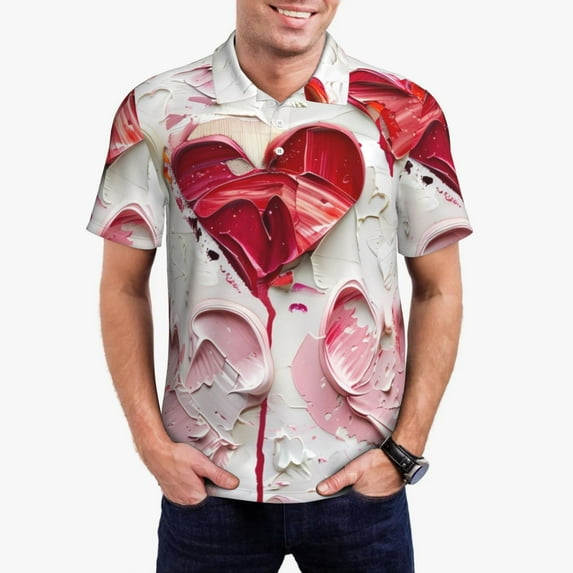 Kdxio Textured Heart Abstract Art Print Men's Short Sleeve Polo Shirt,Midweight Men's Shirt-Medium
