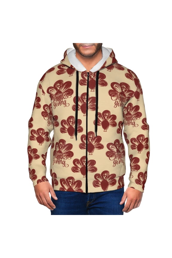 Thanksgiving Sketch Turkey Print Men Hoodies Casual Hoodies for Men with Zip Pockets Full Zip Long Sleeve Sweatshirt Sports Hooded Jacket-XX-Large