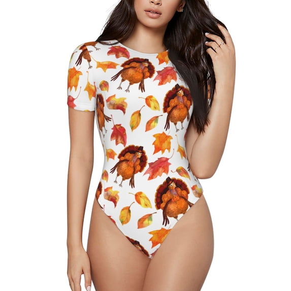 Kdxio Thanksgiving Turkey Leaves for Women's Short-Sleeved Onesie Stylish Round Neck Pajamas Bodysuit Jumpsuit Nightwear-Medium