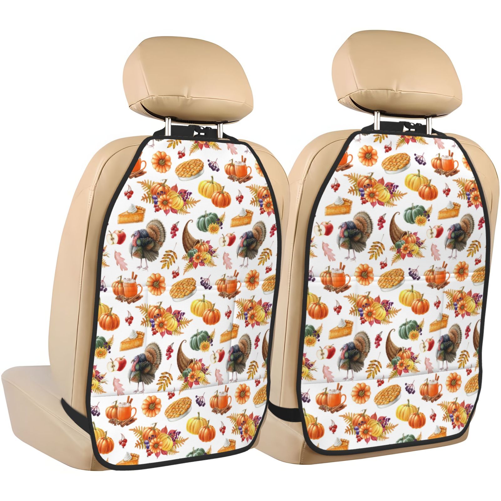 Kdxio Thanksgiving Turkeys 1 Print 2 Pack Car Kick Mat Seat Cover Back Protector Mat with Pockets for Organizer Backseat Protector and Storage Anti Kick Pad for Vehicles