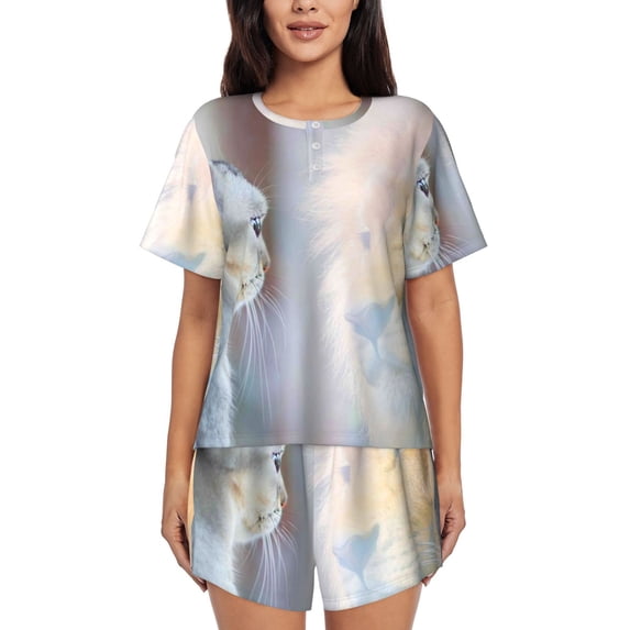 Kdxio The Cat Looks in the Mirror Print Pajamas Sets for Women Short-Sleeved Pjs with Lounge Shorts Two Piece Sleepwear S-4XL