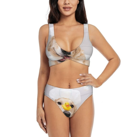 Kdxio The Dog Is Sitting In A Bubble Bath Print Women's 2 Piece High Waisted Wrap Spaghetti Strap Summer Swimsuit Bikini Set-Small