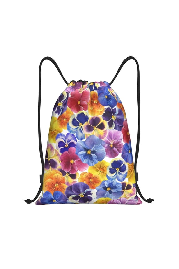 The Garden Tricolor Pansy Flower Print Drawstring Backpack Bag,Waterproof Draw String Back Sack, Gym Drawstring Bags Swim Bag For Unisex