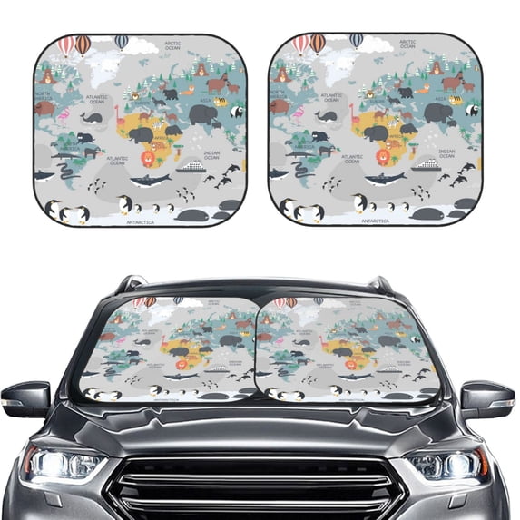 Kdxio The World Map With Cartoon Animals Print 2-Piece Sun Shade Front Windshield - Foldable Car Front Window Sunshades For Most Sedans Suv Truck