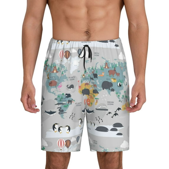 Kdxio The World Map with Cartoon Animals Print Mens Sleep Shorts Bottoms Soft Comfy Pajama Wear Pants with Drawstring Pockets