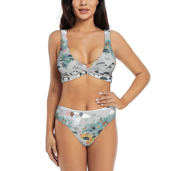Kdxio The World Map with Cartoon Animals Print Women's 2 Piece High Waisted Wrap Spaghetti Strap Summer Swimsuit Bikini Set-Medium