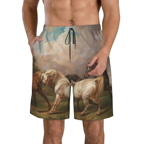 Kdxio Three Horses Oil Painting Pattern Mens Casual Shorts - Drawstring Summer Beach Sports Shorts for Men