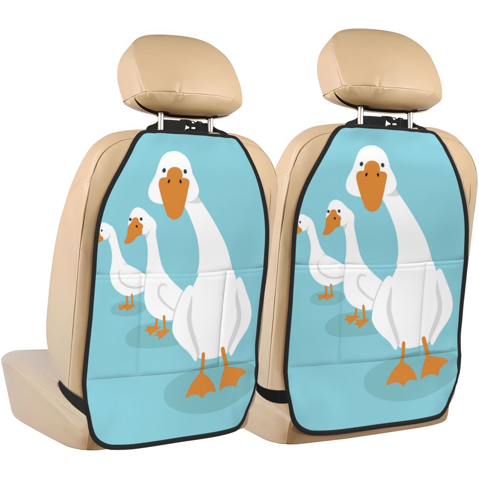 Kdxio Three White Geese Print 2 Pack Car Kick Mat Seat Cover Back Protector Mat with Pockets for Organizer Backseat Protector and Storage Anti Kick Pad for Vehicles