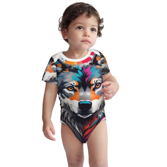 Kdxio Tie-Dye Wolf Head Pattern Unisex Baby Cotton Short Sleeve Bodysuits-3 Months